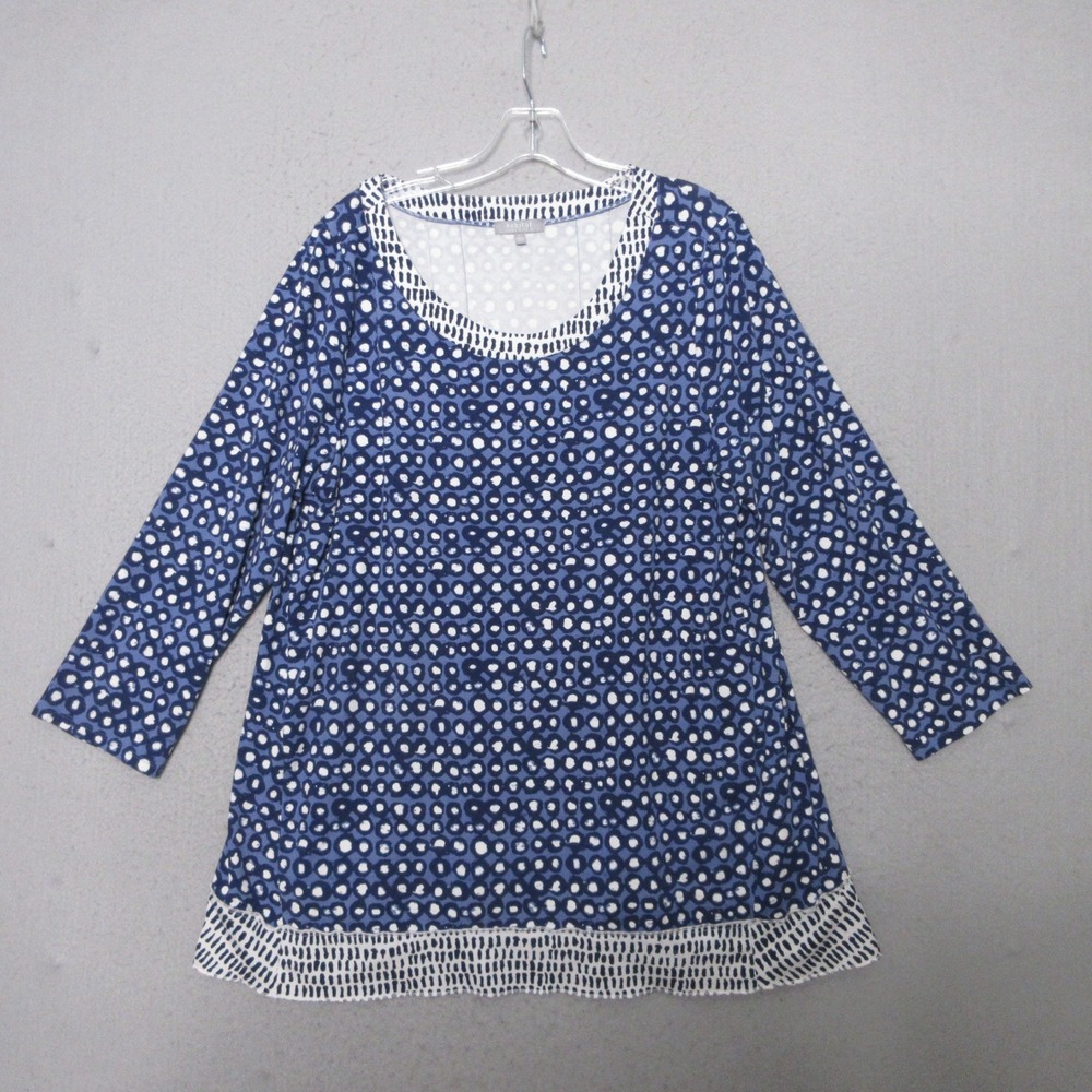 Habitat Top Large Blue White Dot Lagenlook Artsy Tunic Contrast Hem Boho READ